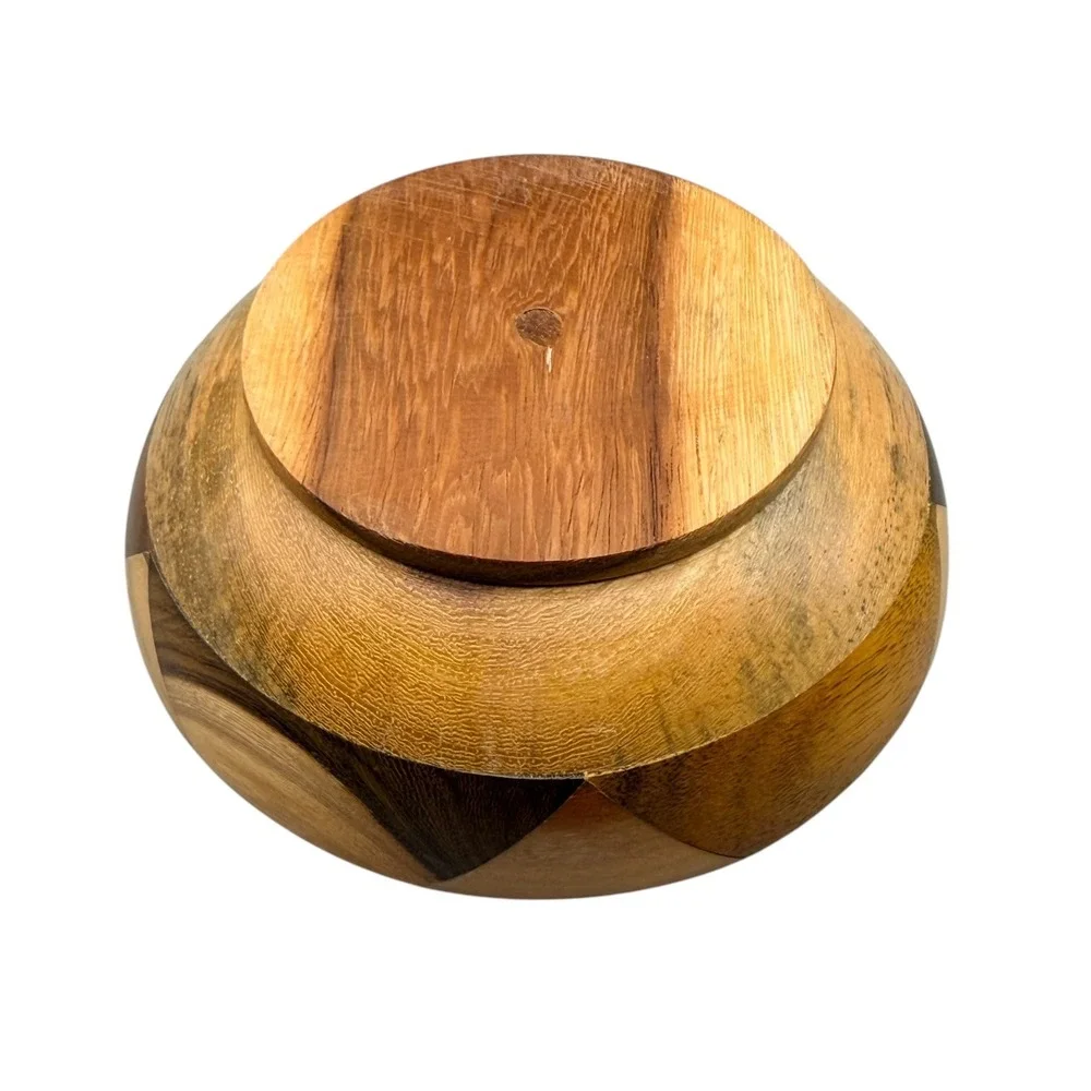 Vintage Patchwork Inlay Wood Bowl Geometric Mixed Tone Natural Wood Decor 5 Inch